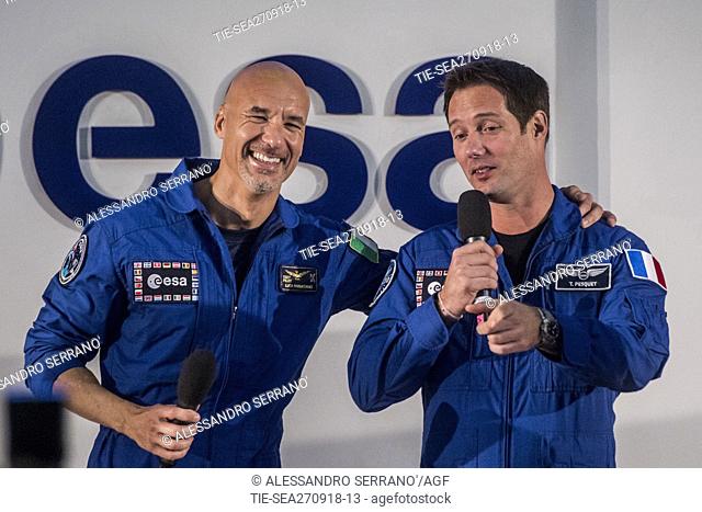 Luca Parmitano, Thomas Pesquet during ESA announces the next Italian-led ISS space mission, Rome 27 Sept 2018