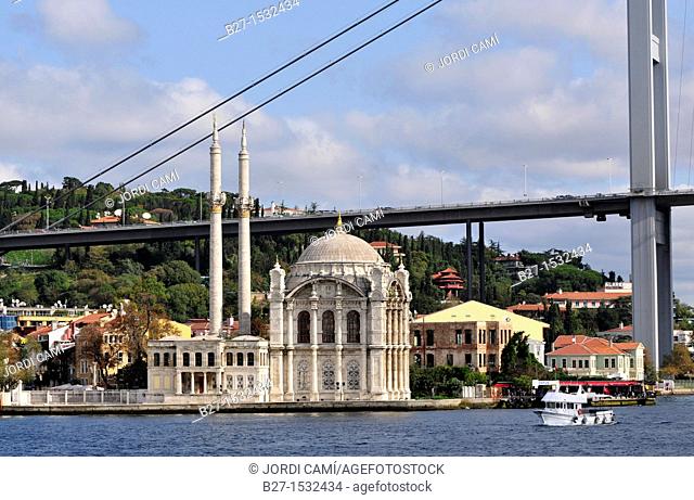 Ortakoy mosque and the Bosphorus bridge  Istanbul  Turkey
