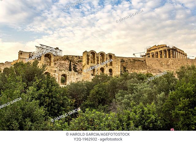 Odeon of Herodes Atticus and Parthenon ruins in Acropolis Hill in Athens, Greece