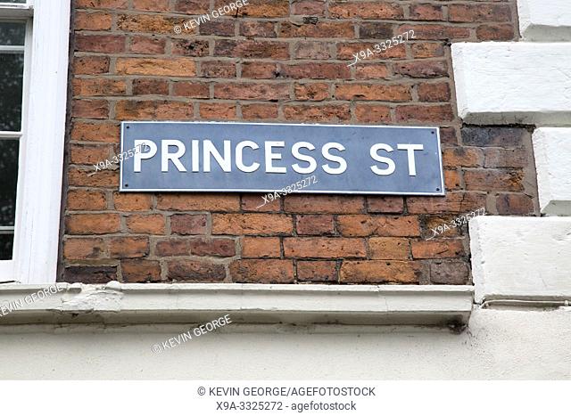 Princess Street Sign on Brick Wall Facade; Shrewsbury; England; UK