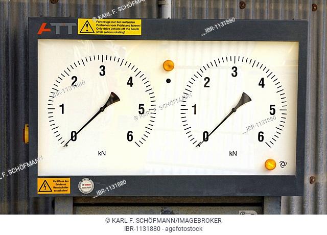 Two analog indicating instruments, scale for kilonewton, kN, test stand for car brakes, MOT, Germany, Europe