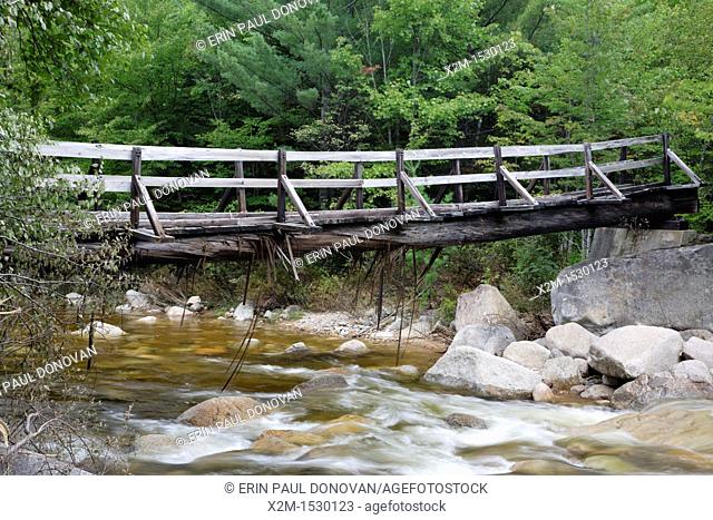 Pemigewasset Wilderness - High waters from flash floods from Tropical Storm Irene in 2011 cause peeling to the bottom of a footbridge