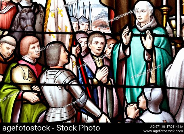 Saint Thomas of Cantorbery church. Stained glass window. Joan of Arc nicknamed The Maid of Orléans. Cuiseaux. France