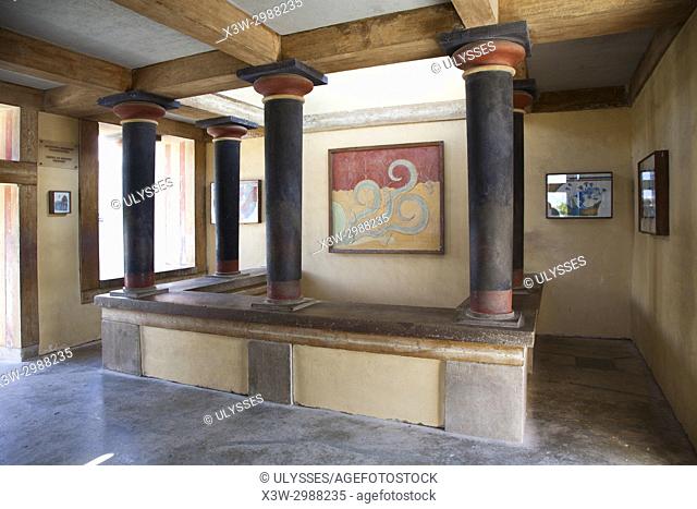 reconstruction of the Court of the stone spout with copies of Minoan frescoes, Knossos palace archaeological site, Crete island, Greece, Europe