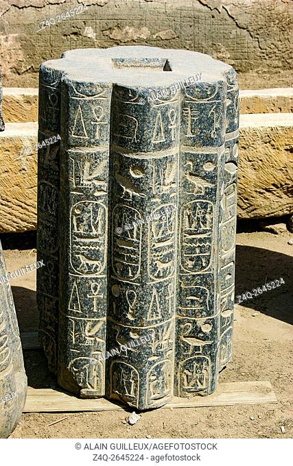 Egypt, Cairo, Heliopolis, open air museum, obelisk parc. Piece of a column, with king Merenptah cartouches