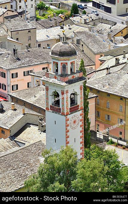 Church tower, Reformed Church, Poschiavo, Puschlav, Canton Graubünden, Switzerland, Europe