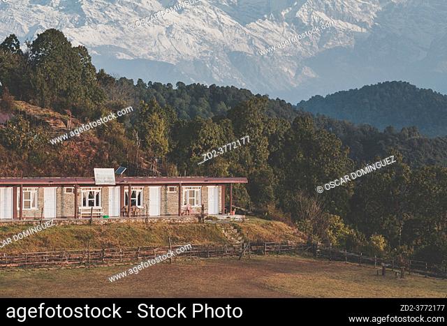 Mountain lodge in front of Annapurna massif. Annapurna Conservation Area. Nepal