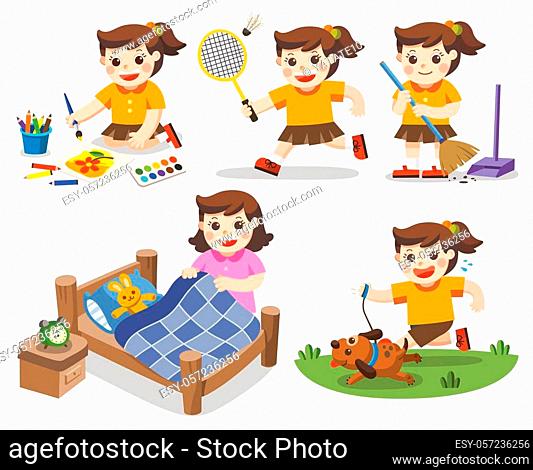 The daily routine of A cute girl on a white background. Isolated vector. [Make a bed, Do homework, Drawing, Play badminton, Run with his dog, Clean]