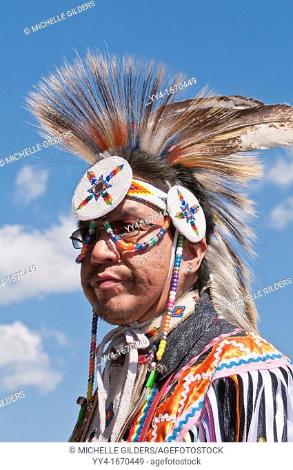 Blackfoot man in traditional regalia, Siksika Nation Pow-wow, Gleichen, Alberta, Canada
