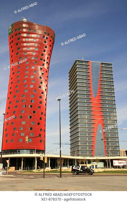 Fira de Barcelona towers by Toyo Ito in Plaça Europa, Hospitalet de Llobregat. Barcelona province, Catalonia, Spain
