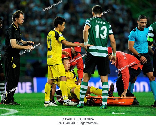 Felix Passlack of Borussia Dortmund leaves the pitch in a stretch during the UEFA Champions League Group F soccer match between Sporting Lisbon and Borussia...
