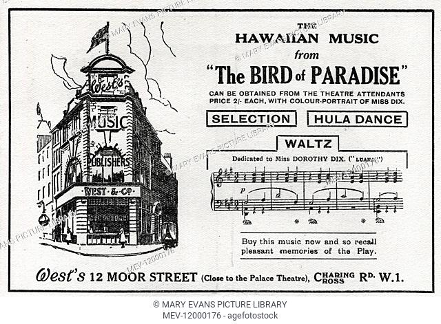 Advert for West's, music publishers, 12 Moor Street, Charing Cross Road, London, September 1919. Featuring the Hawaiian Music from a play at the Palace Theatre