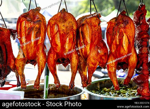 Cooked Chickens On Display At A Street Food Stall, Yangon, Myanmar