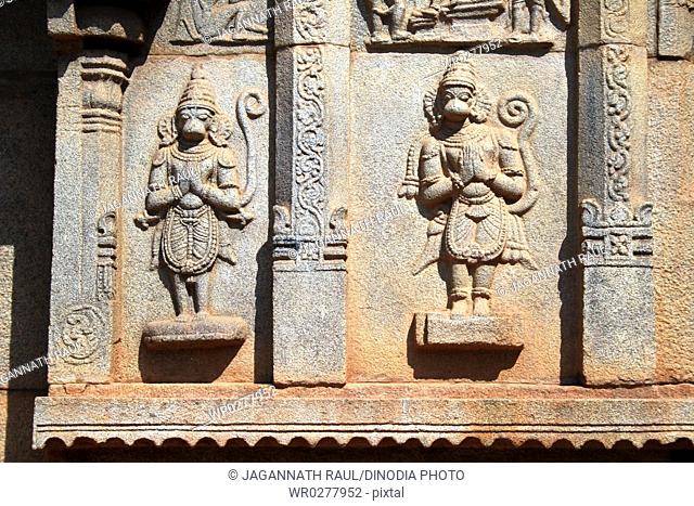 Carved sculpture of the wall of Hajara Rama temple , Hampi Vijayanagar ruins , Karnataka , India