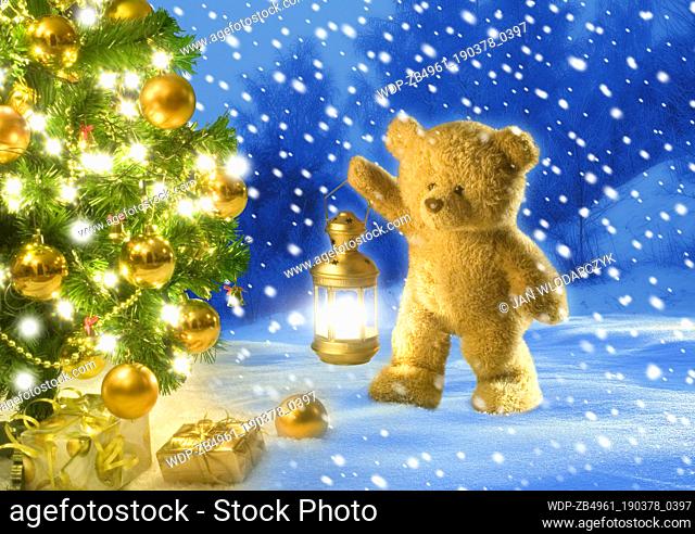 Christmas tree and teddy bear with lantern