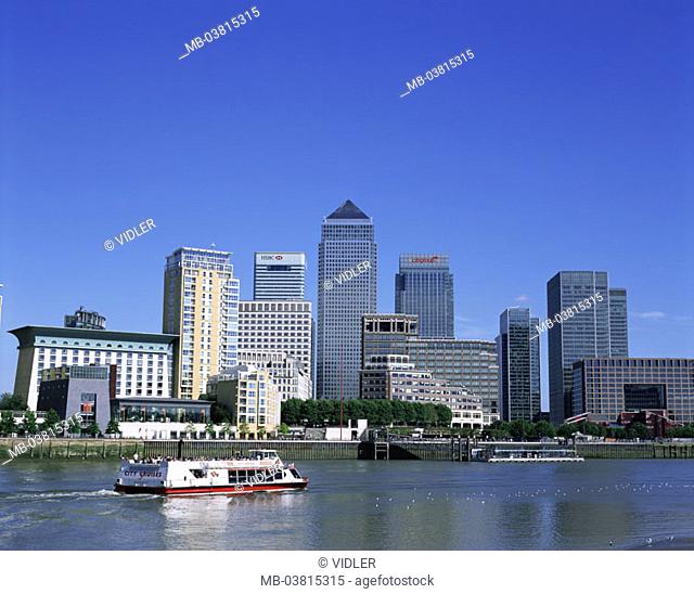 Great Britain, England, London,  Dock country, Canary Wharf, skyline,  Thames, trip boat,  Series, capital, ehem.  Waterfronts, river, business quarters