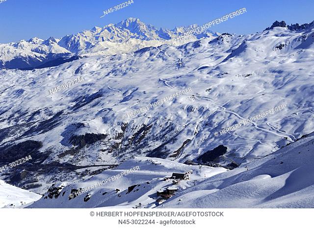 Monte Blanc 4810m, Panoramic View, Snow Scenery, Haute Savoie, Trois Vallees, Three Valleys, Ski Resort, France, Europe