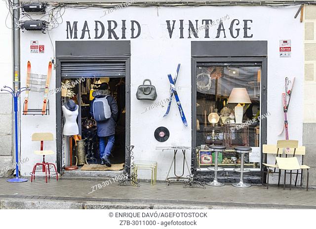 An antiques store in a street of the Rastro, Latina quarter, Madrid city, Spain