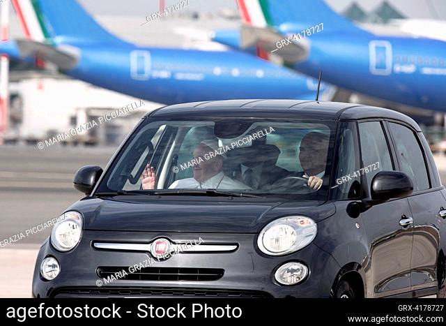 Fiumicino, Italy, 22 September 2023. Pope Francis arrives at Rome's International airport Leonardo da Vinci, in Fiumicino