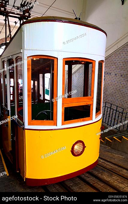 Lisbon, Portugal yellow funicular tram tram, symbol of Lisbon close-up view