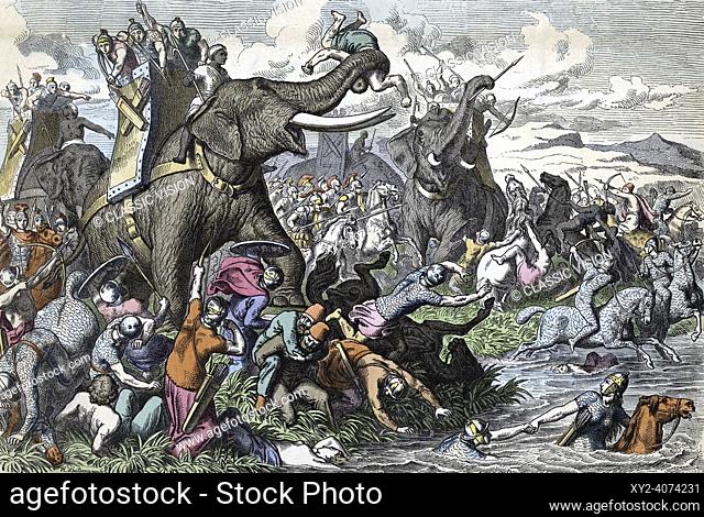 A force of Roman war elephants in battle. The Romans used elephants in many battles. They brought them from North Africa after defeating the Carthiginians in...