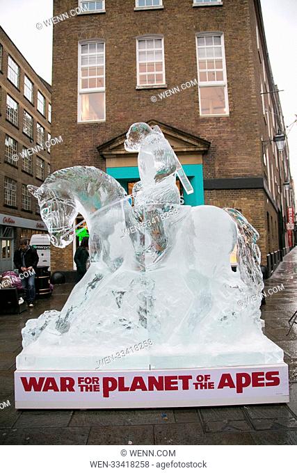 A life sized sculpture of Caesar on horseback made entirely of ice is unveiled to celebrate the release of 'War For The Planet Of The Apes' on Blu-Ray and DVD