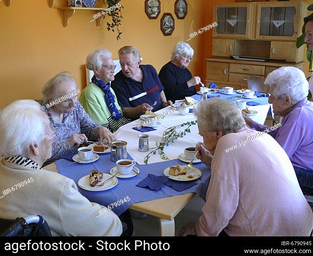 Birthday party at the old people's home, coffee and cake in the afternoon