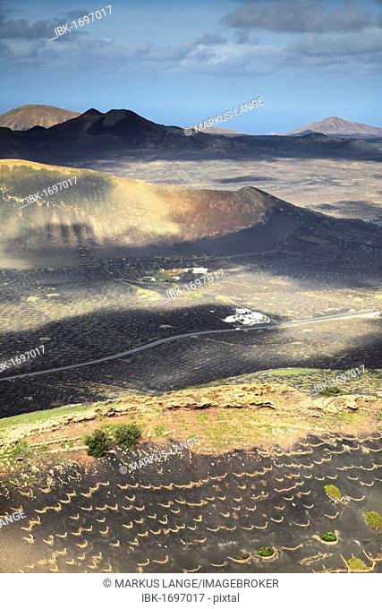 View from Montana Guardilama to the volcanic landscape around La Geria, Lanzarote, Canary Islands, Spain, Europe