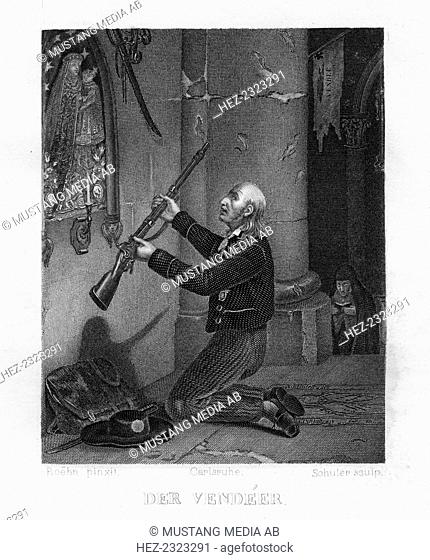 Vendee rebel, French Revolution, 1793 (c1833). A kneeling man holds up his musket to an image of the Virgin and Child. The Vendee uprising occurred in the...