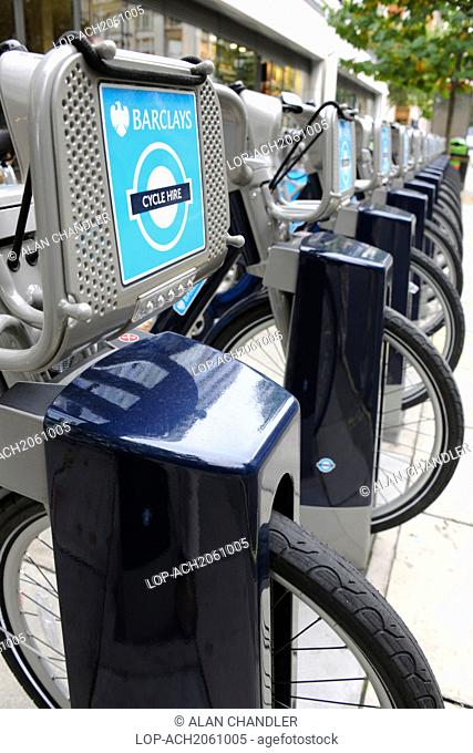 England, London, Baker Street. A Barclays Cycle Hire docking Station on Baker Street