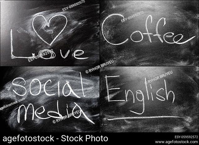 Black Chalkboard Set Collage With Message Love, Cofee, Social Media