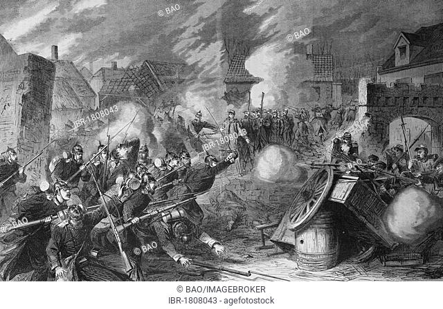 Taking Pont Noyelles in the battle of Querrienx, historical illustration, Illustrierte Kriegschronik 1870 - 1871 illustrated chronicle of war