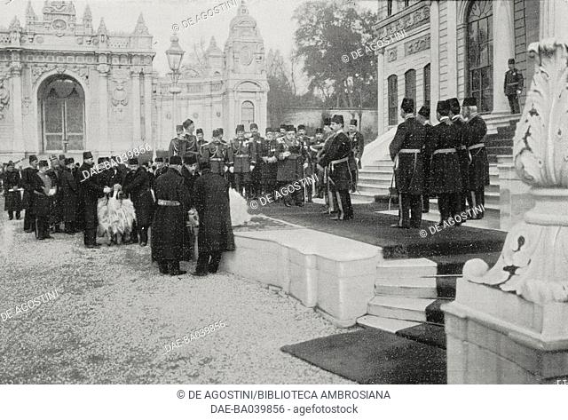 Curban ceremony in the garden of Dolmabahce Palace in the presence of the Sultan, Istanbul, Turkey, from L'Illustrazione Italiana, Year XXXVIII, No 52