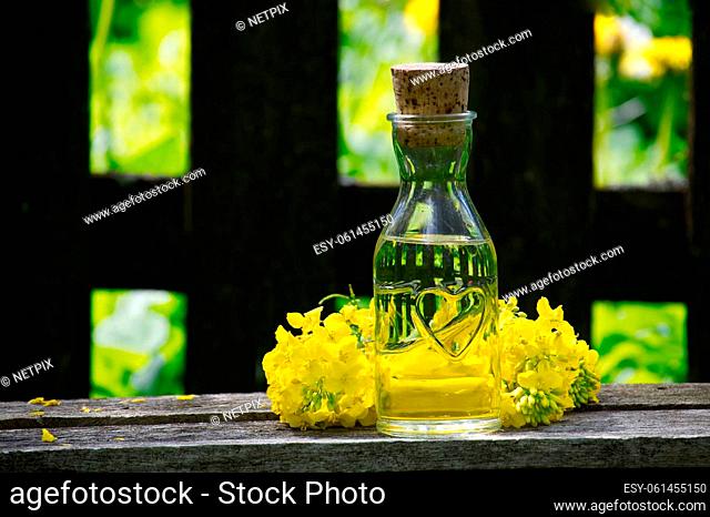 Yellow canola or rapeseed flowers with a small glass decanter of oil on a rustic table