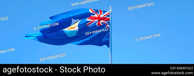 3D rendering of the national flag of Anguilla waving in the wind against a blue sky