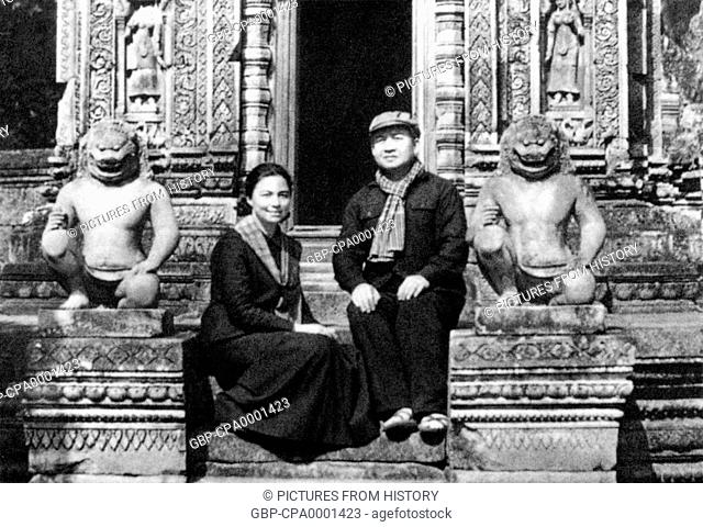 Cambodia: Prince Norodom Sihanouk and Princess Monique pose in Khmer Rouge clothing at Banteay Srei, Angkor, 1973
