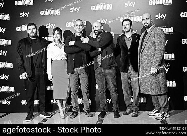 Salvatore Esposito, Ivana Lotito, the director Claudio Cupellini, Roberto Saviano, Arturo Muselli, Marco D'Amore during the photocall of tv series 'Gomorra'...