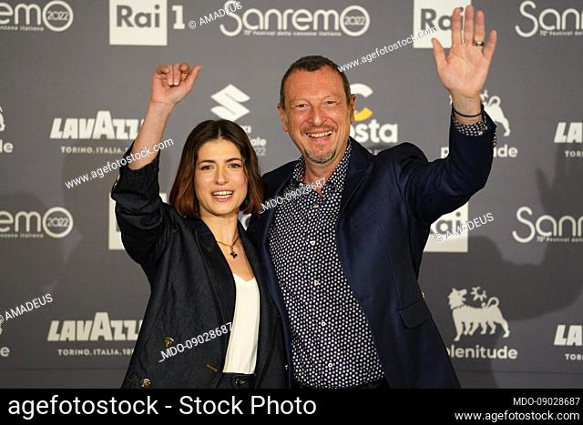 Italian actress Maria Chiara Giannetta and the italian television host Amadeus in the Press Room of the 72 Sanremo Music Festival