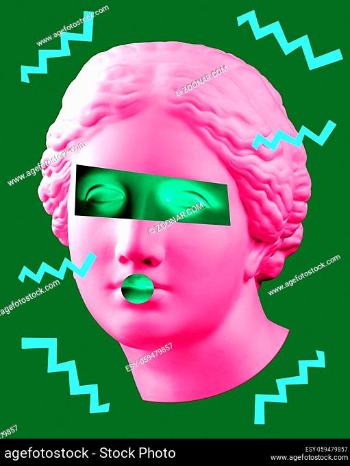 Modern conceptual art poster with green pink colorful ancient statue of Venus de Milo head. Contemporary art collage. Concept of retro wave style posters