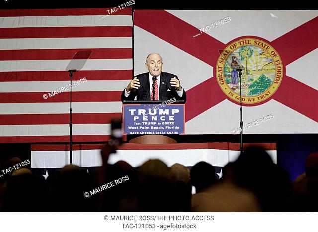 Rudy Guiliani speaking to supporters at the Donald Turmp campaign rally on October 13, 2016 at the South Florida Fair Grounds in West Palm Beach Florida