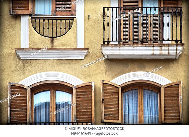 Facade of an apartment building in the town of Denia, Alicante, Valencia. Spain