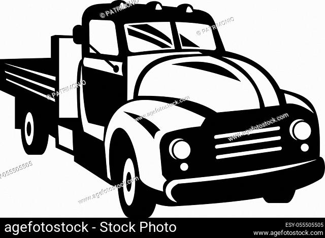 Retro woodcut black and white style illustration of a classic vintage American pickup truck with wood side rails viewed from front on high angle on isolated...