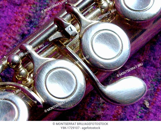 Transverse flute keys closeup, music instrument