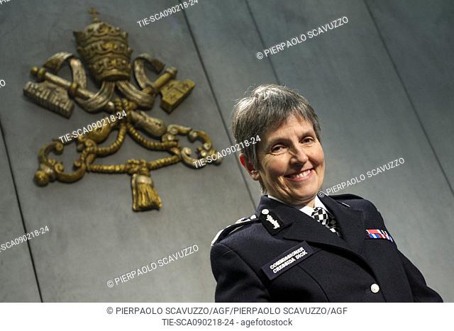 Cressida Dick, Commissioner of the Metropolitan Police in London during the press conference, Vatican City, ITALY-09-02-2018