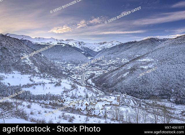Sunrise over Vielha and Mijaran seen from the village of Mont, after a winter snowfall (Aran Valley, Catalonia, Spain, Pyrenees)