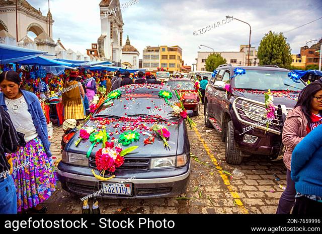 COPACABANA, BOLIVIA - JANUARY 3: Unidentified cars outside the basilica of the Virgen de la Candelaria for the weekend blessing of automobiles January 03
