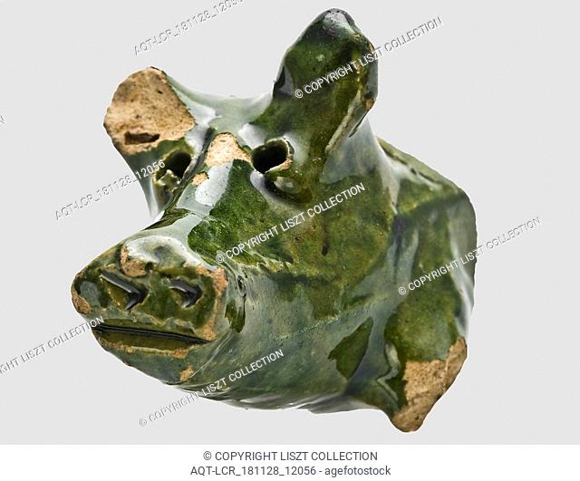 Fragments of pottery piggy banks, two muzzle fragments and one leg, green glazed, piggy bank piggy bank holder fragment earthenware pottery earthenware glaze...