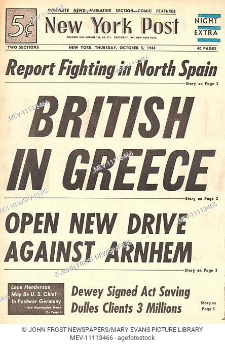 1944 New York Post front page reporting British Army in Greece