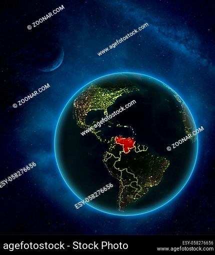 Venezuela at night from space with Moon and Milky Way. Detailed planet Earth with city lights and visible country borders. 3D illustration