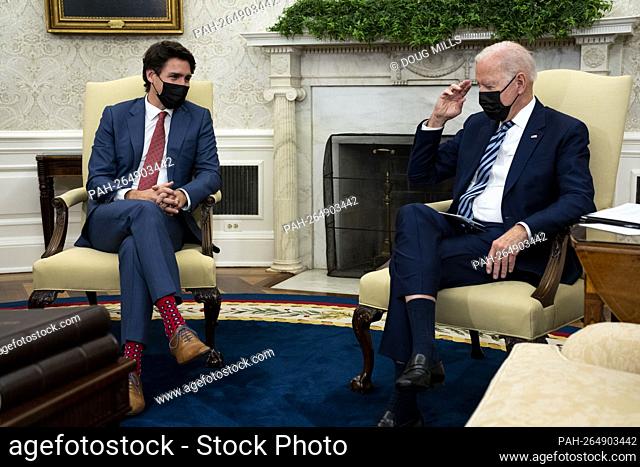 United States President Joe Biden and Prime Minister Justin Trudeau of Canada during a bilateral meeting in the Oval Office of the White House in Washington, DC